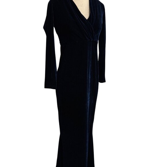 Collectif Vintage Navy Lexie Velvet Maxi Dress L UK 14 Long Sleeve Draped V-Neck - Picture 2 of 13